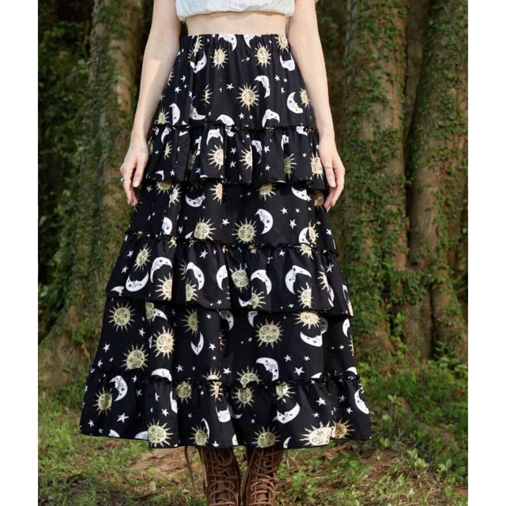 Romwe Hippie Sun And Moon Ruffle Hemaxi Skirt  Extra Small Fairycore